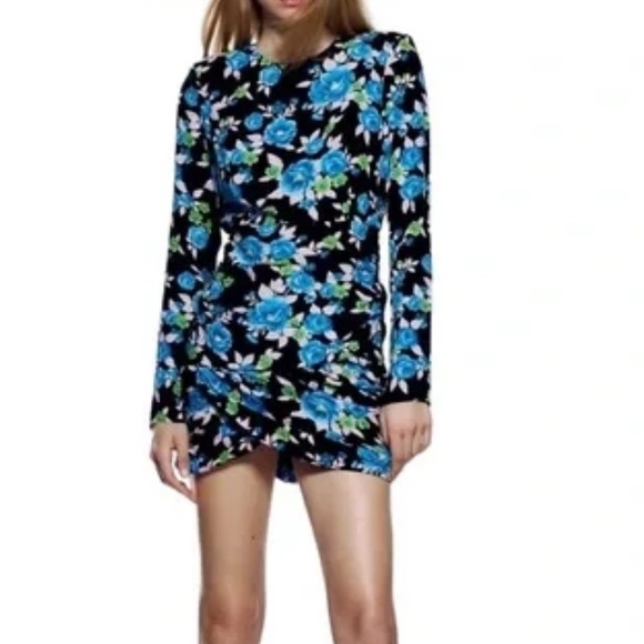 Zara Dresses & Skirts - ZARA FLORAL BLACK & BLUE OPEN BACK LONG SLEEVE DRESS